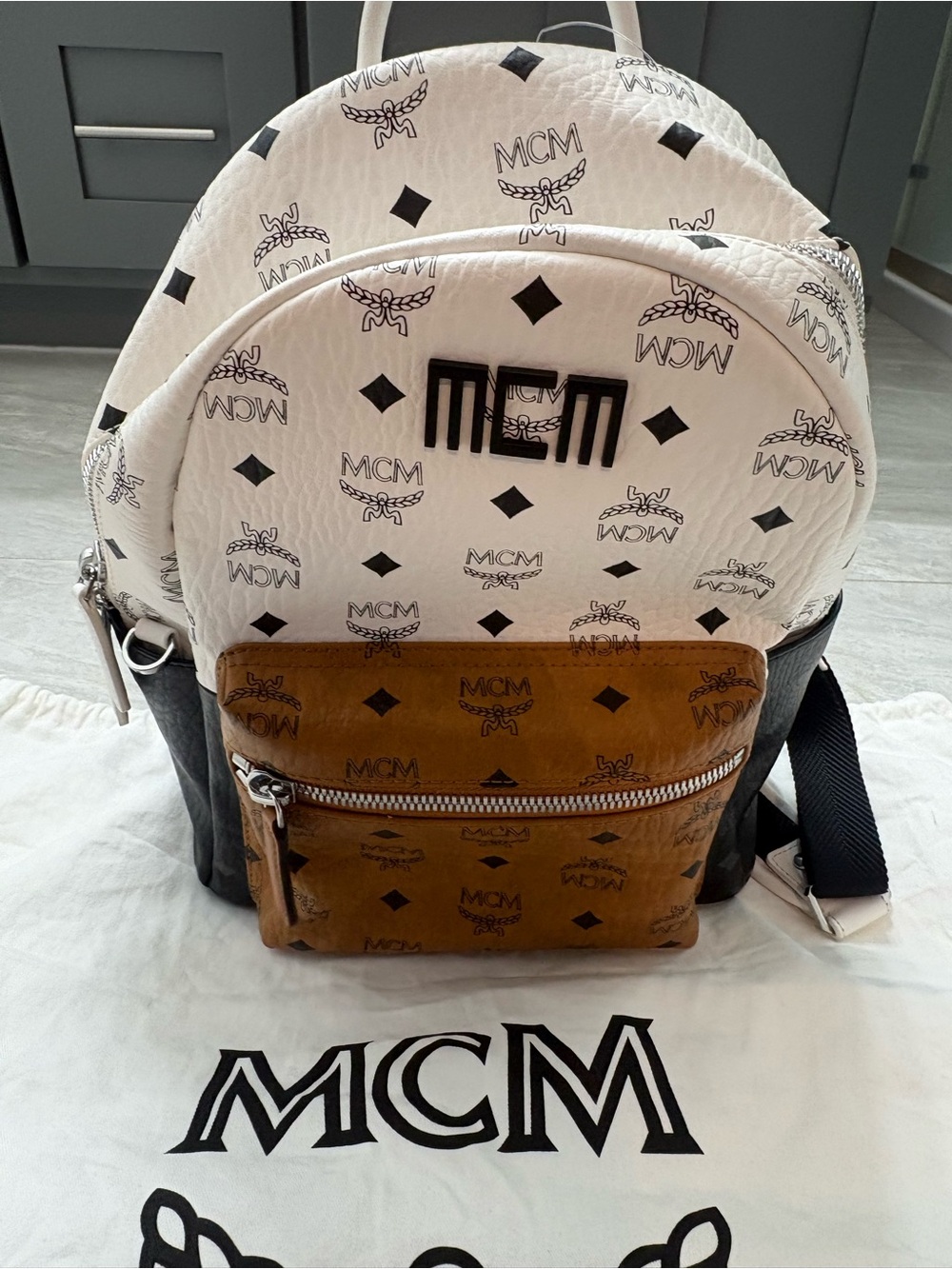 MCM White, Cognac & Black Visetos Logo Backpack